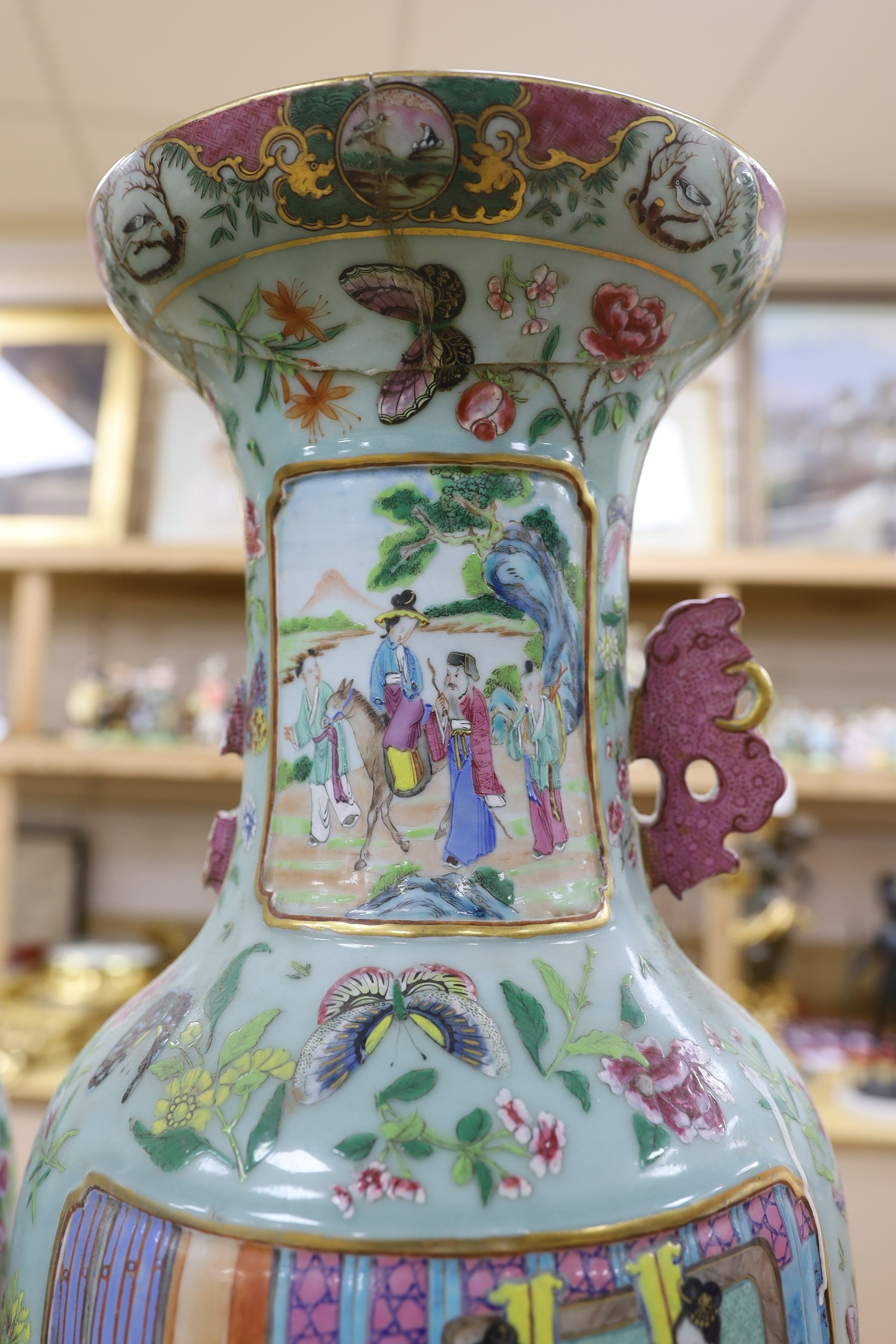 A pair of large Chinese famille rose celadon ground vases (a.f.) 65cm